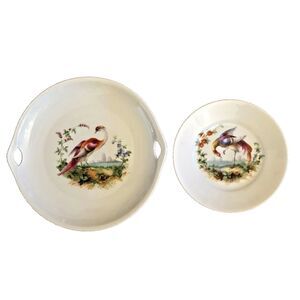 Exotic Bird Plates Porcelain PK Unity Server Trays Handpainted Peacocks Set of 2